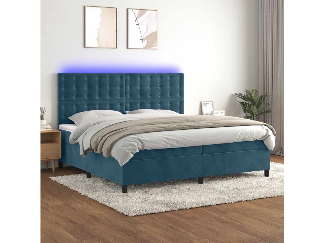 Vidaxl Cama Box Spring C/ Colchão/led 200x200 Cm Veludo Azul-escuro