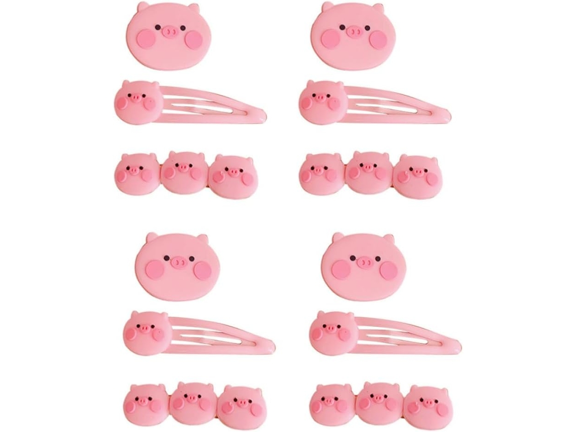 Conjunto de 12 presilhas de cabelo rosa em formato Porco, feitas em banda de zinco, para decoração.