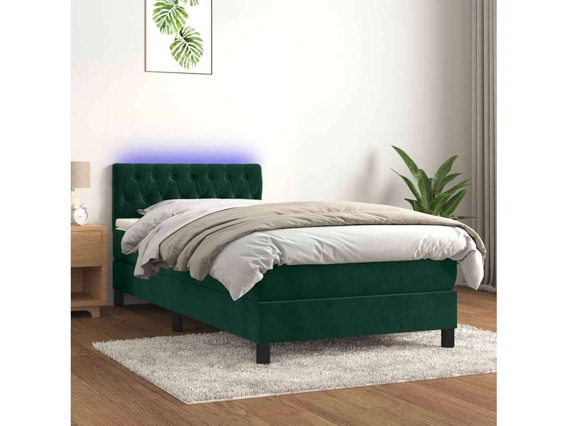 Vidaxl Cama Box Spring C/ Colchão/led 100x200 Cm Veludo Verde-escuro