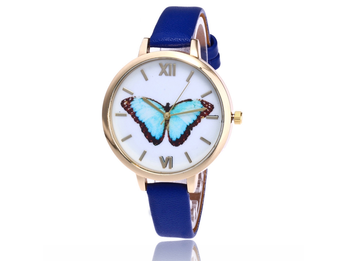 Relógio de Pulso Feminino Vansvar Slim com Cinta Pu e Mostrador Borboleta Azul