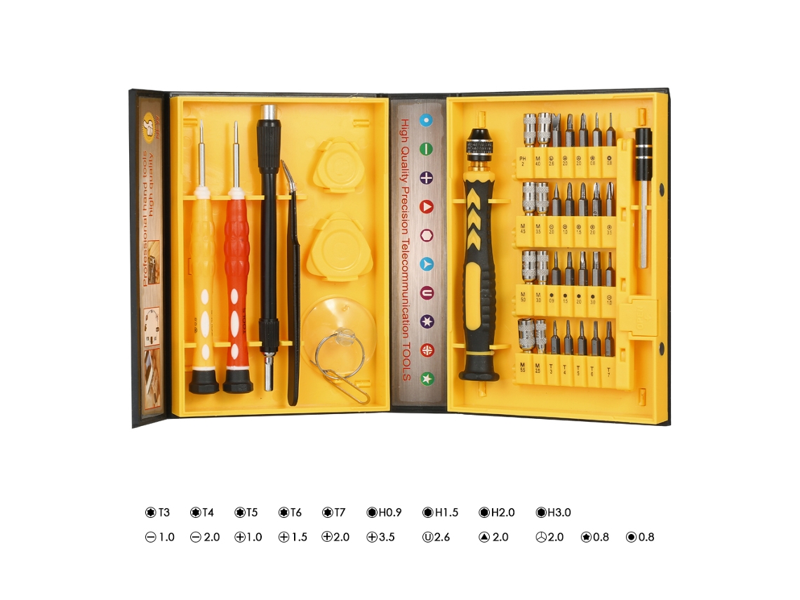 Kit de ferramentas de precisão 38 em 1: Pontas Torx, Hexagonal, Fenda e Phillips para reparo de celulares e laptops.