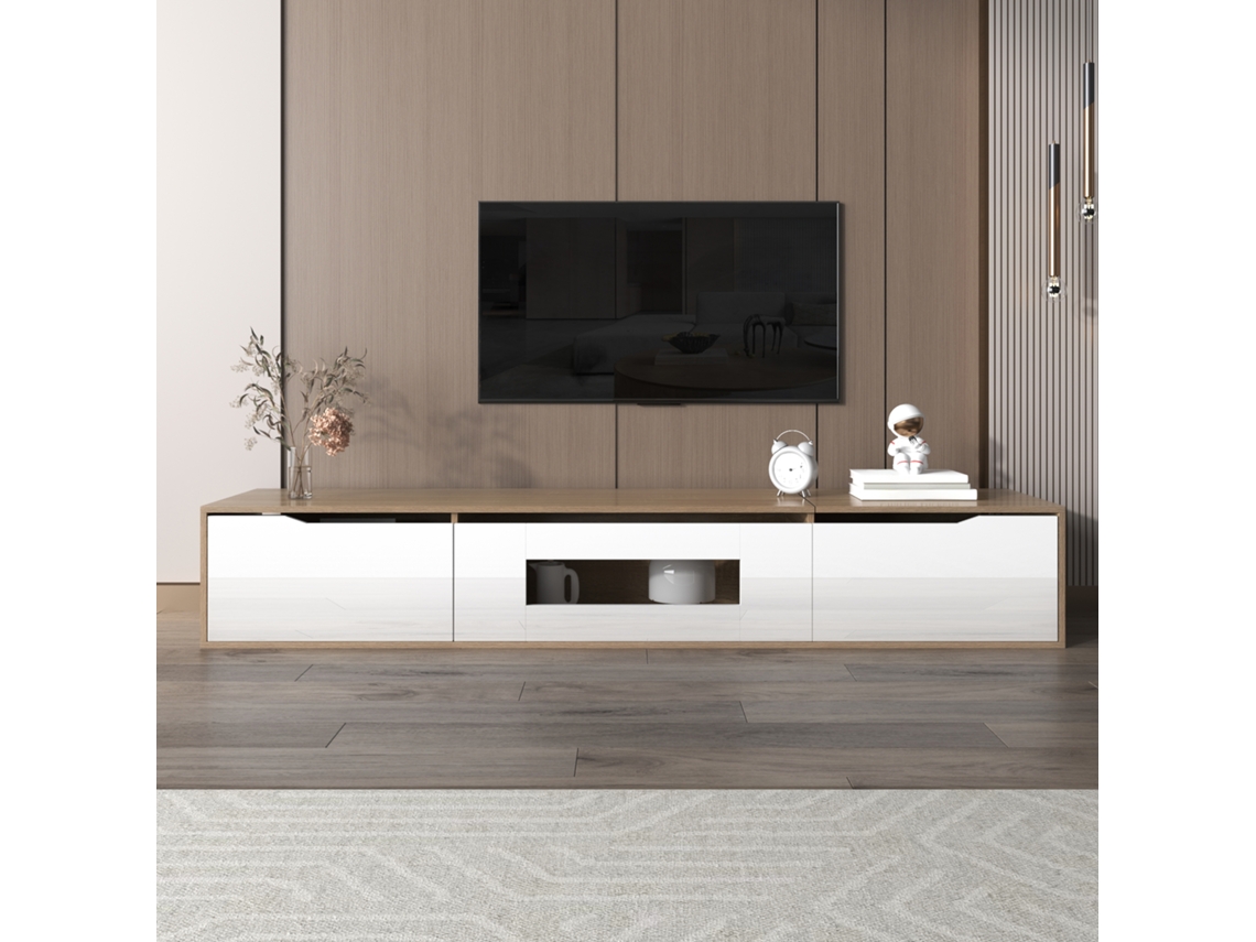 Móvel para TV KOMHTOM branco brilhante para parede, 180x35x30 cm, portas estriadas, LED 16 cores, frente laqueada