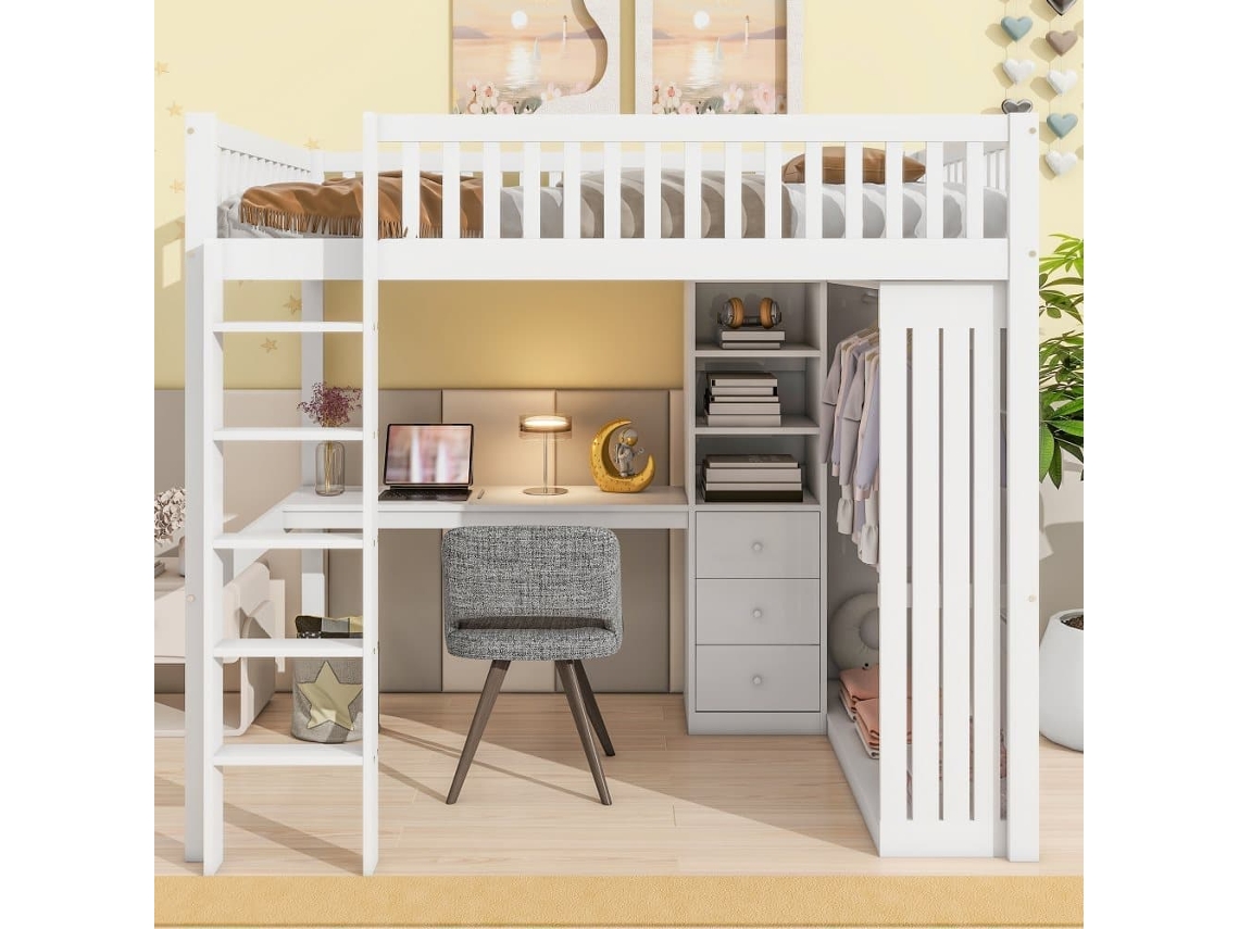 Cama Alta De Madeira 140x200 Cm - Com Secretária E Roupeiro - Branco