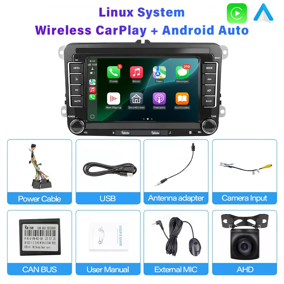 (volkswagen) Sistema Multimídia Veicular Carplay Sem Fio De 7 Polegadas Para Veículos Volkswagen E Skoda.