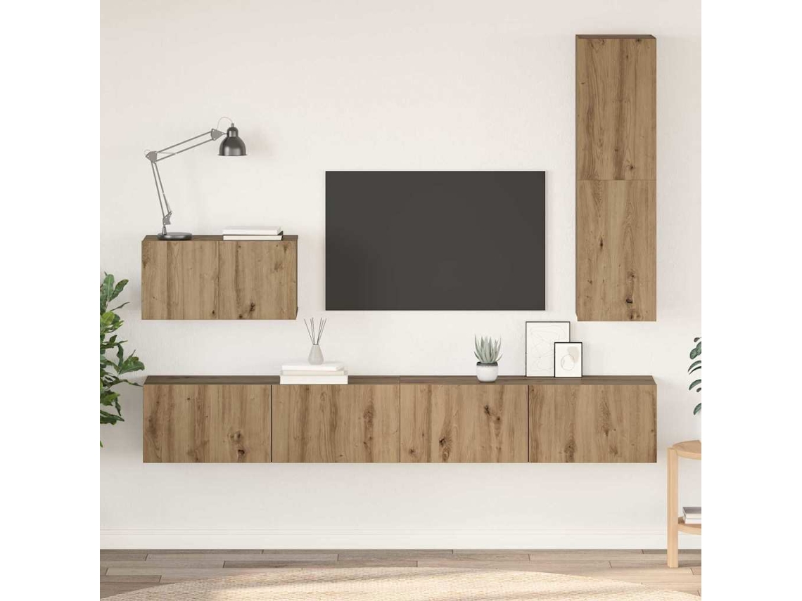 Vidaxl Gabinete De Tv De Parede 4 Unid. Carvalho Artesanal