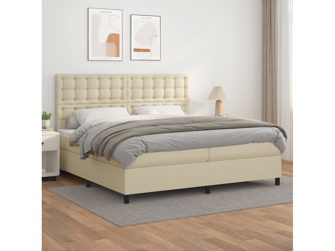 Vidaxl Cama Com Molas/colchão 200x200 Cm Couro Artificial Cor Creme