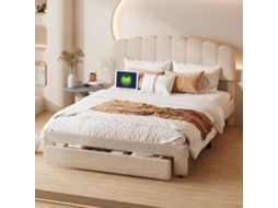 Cama De Casal Com Arrumação 160x200 Cm Em Veludo Teddy Bege, Cabeceira Ajustável Com Usb, Gaveta De Armazenamento, Cama Estofada Sem Colchão