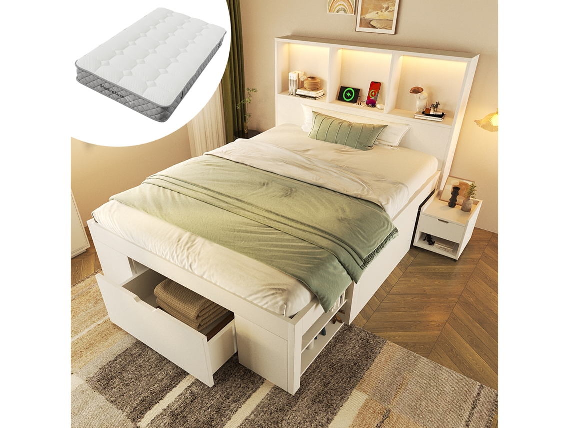 Cama 90x200cm Branca Armazenamento Mesa Noite Led Usb-c Colchão