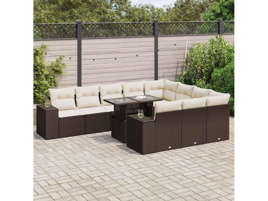 Vidaxl 11 Pcs Conjunto Sofás De Jardim C/ Almofadões Vime Pe Castanho