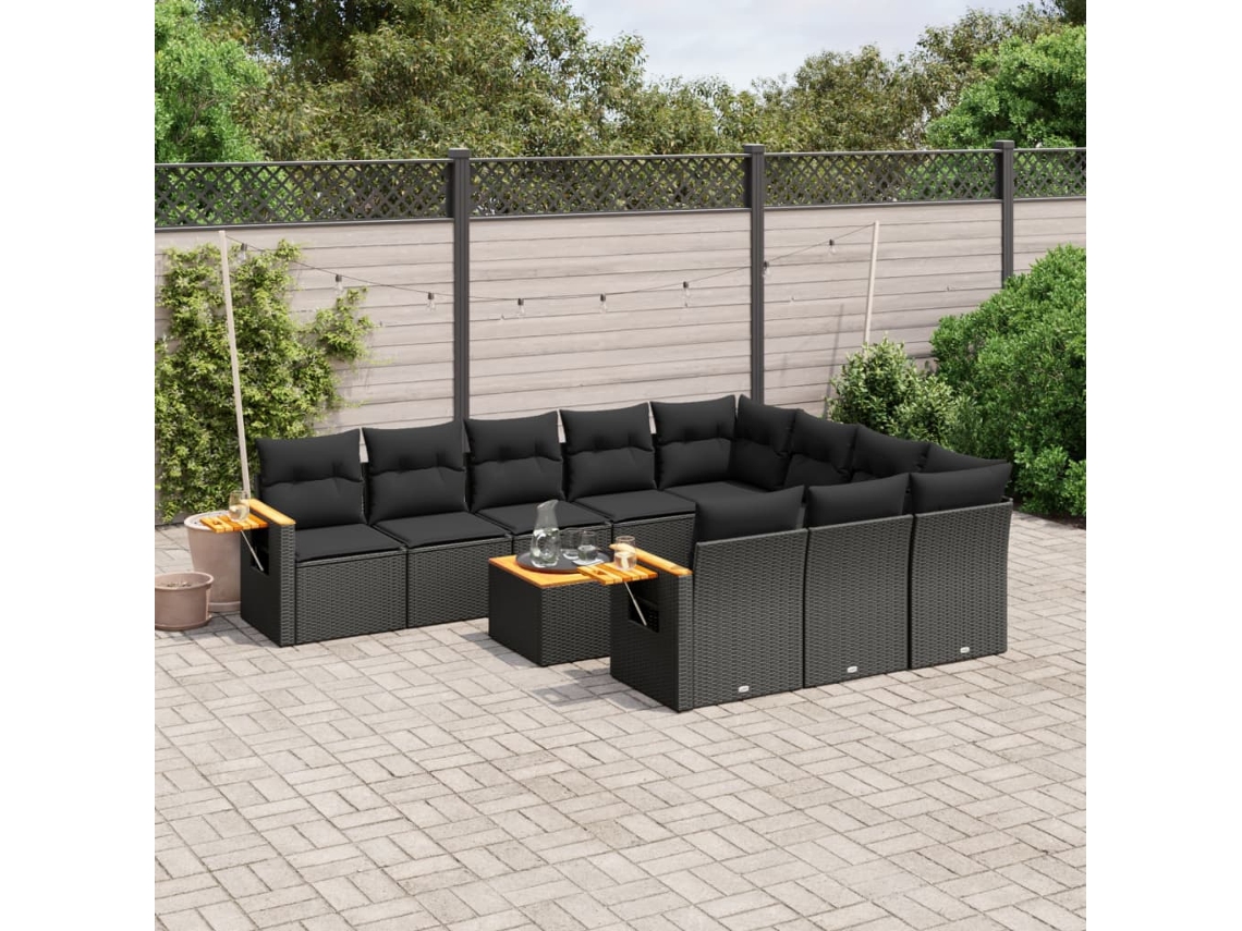 11 Pcs Conjunto Sofás De Jardim C/ Almofadões Vime Pe Preto Dkd Home Decor