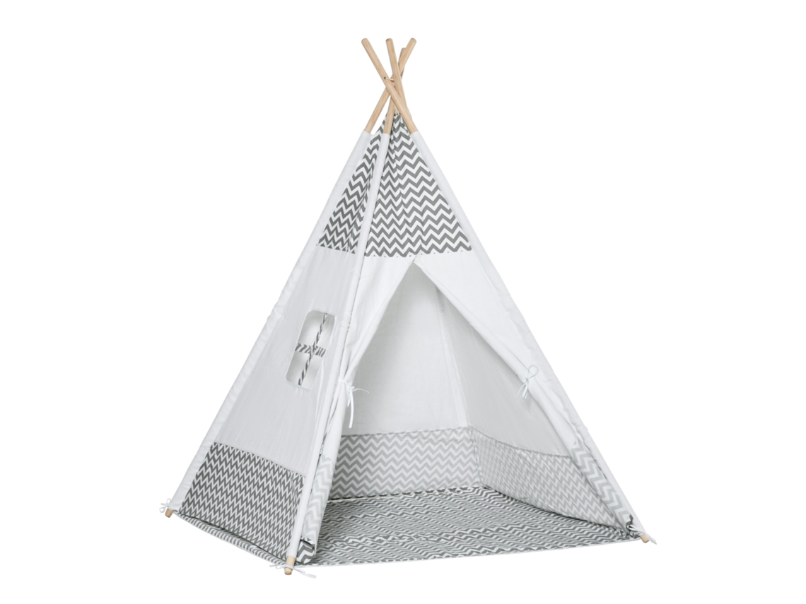Tenda Tipi Infantil +3 Anos, Madeira, Janela, Almofada, Bolsa, 120x120x155cm, Cinza, Interior e Exterior. Ge