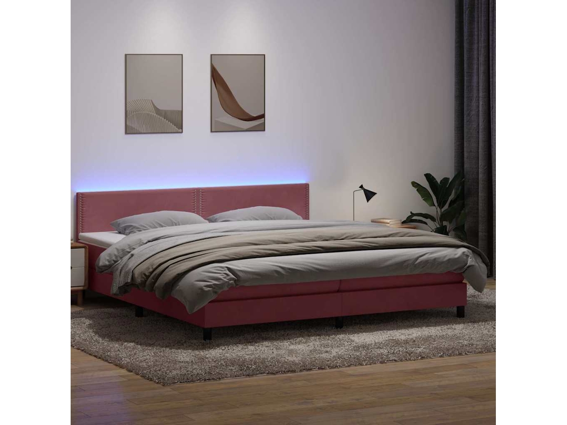 Vidaxl Cama Box Spring C/ Colchão E Led 180x210 Cm Veludo Rosa