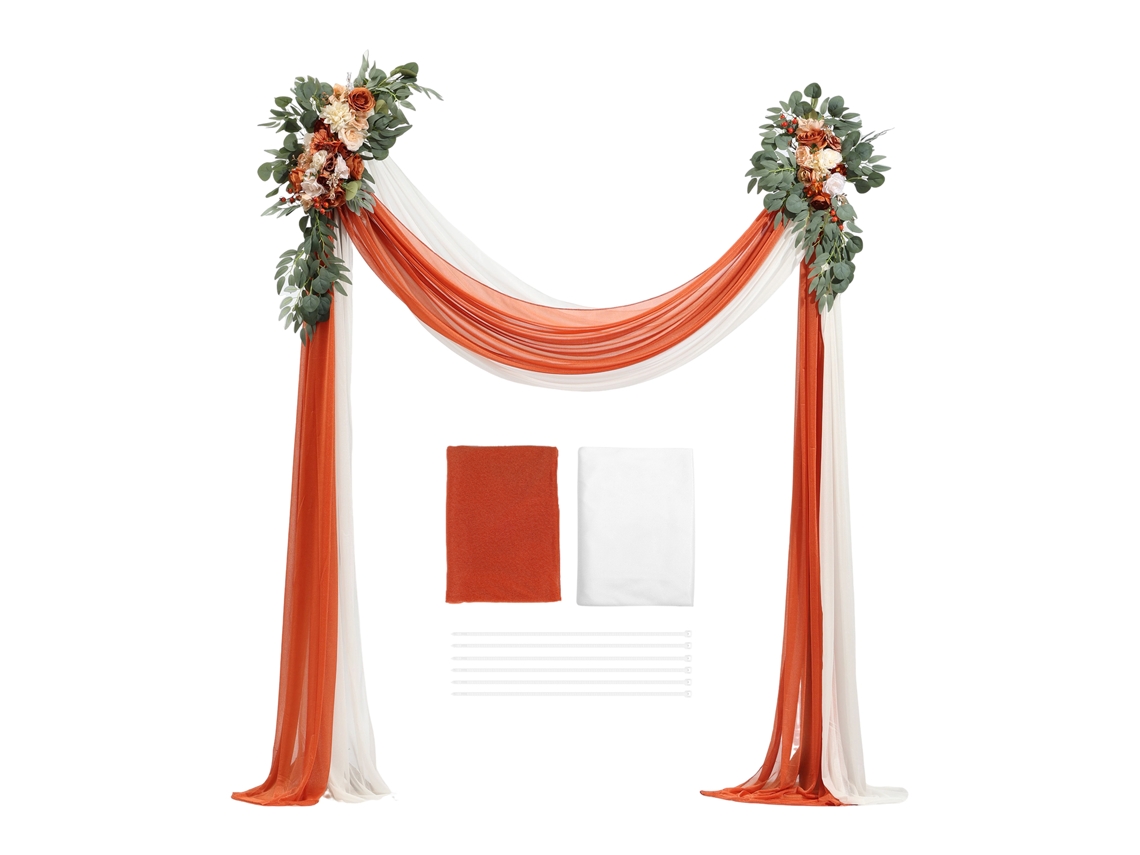 Kit de Arcos Flores Artificiais Laranja para Casamentos, com Cortinas, 2 Peças Arranjos Florais, Cortinas Transparentes, Buquês Cerimônia, Decoração