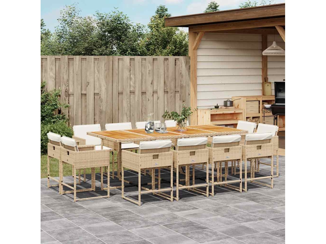 Vidaxl 13 Pcs Conjunto De Jantar P/ Jardim Com Almofadões Vime Pe Bege