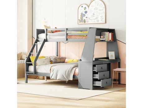 Beliche Cama Alta 90x200cm Com Escrivaninha, Estante, 3 Gavetas, Cama Infantil Com Proteção Lateral 2 Estrados Escada Flieks