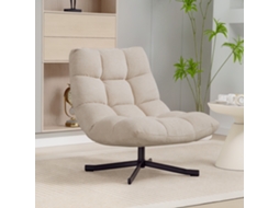 Poltrona Giratória Moderna Estofada Em Chenille Com Assento Largo, Base Em Cruz E Pés De Aço, Cor Creme.