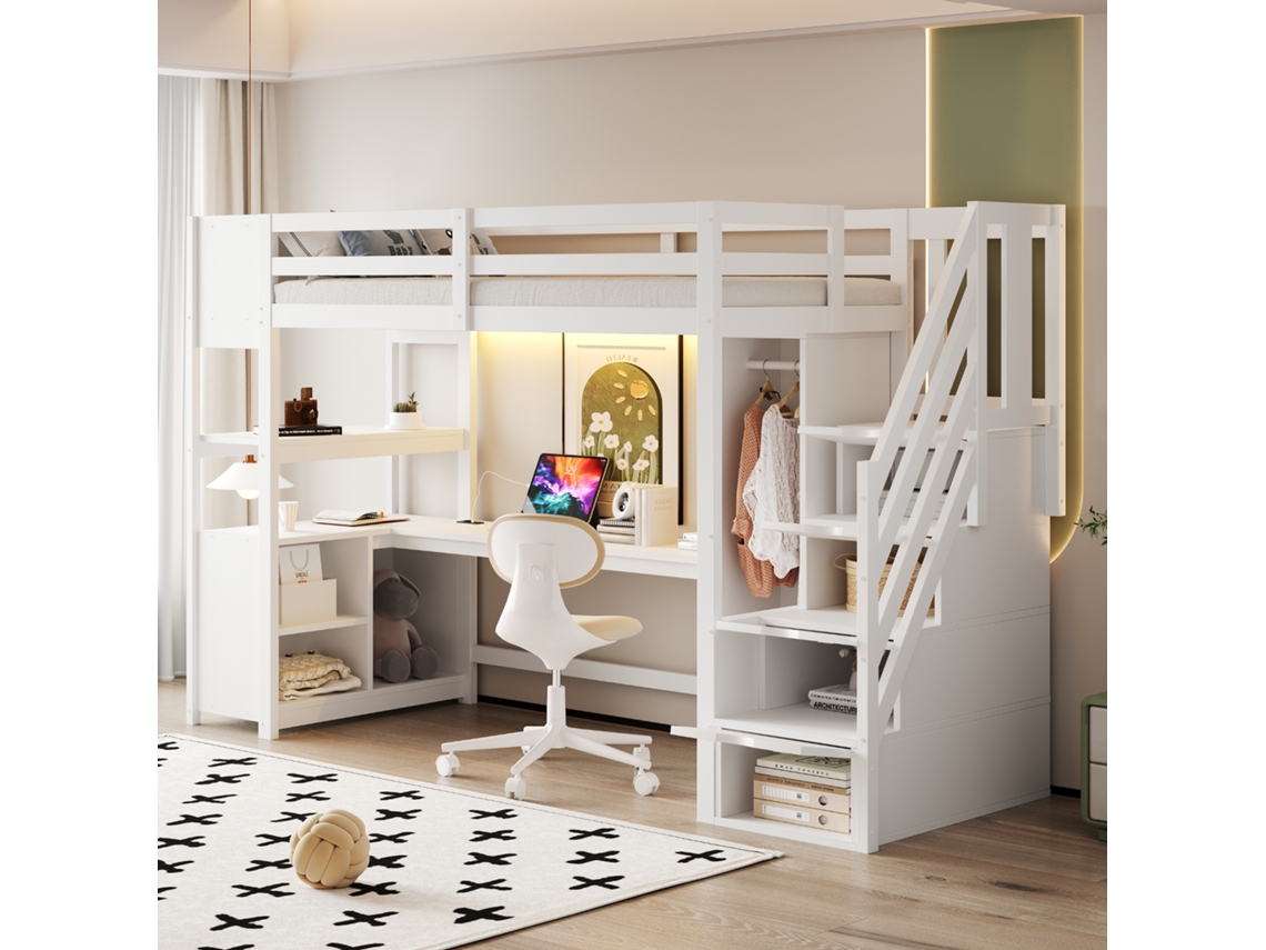 Cama Alta Madeira 90x200cm Armário Mesa Trabalho Iluminação Led Branco