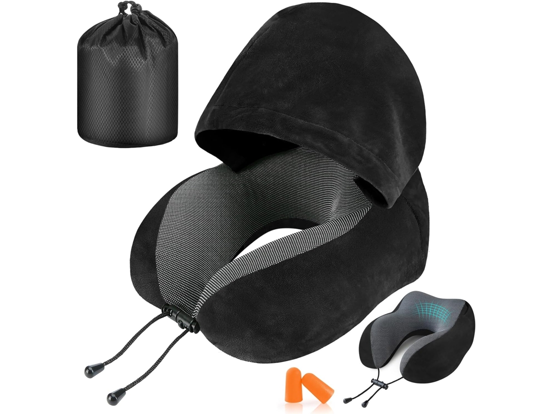 Almofada De Viagem Com Capuz De Espuma Viscoelástica Em Formato De U Preto 