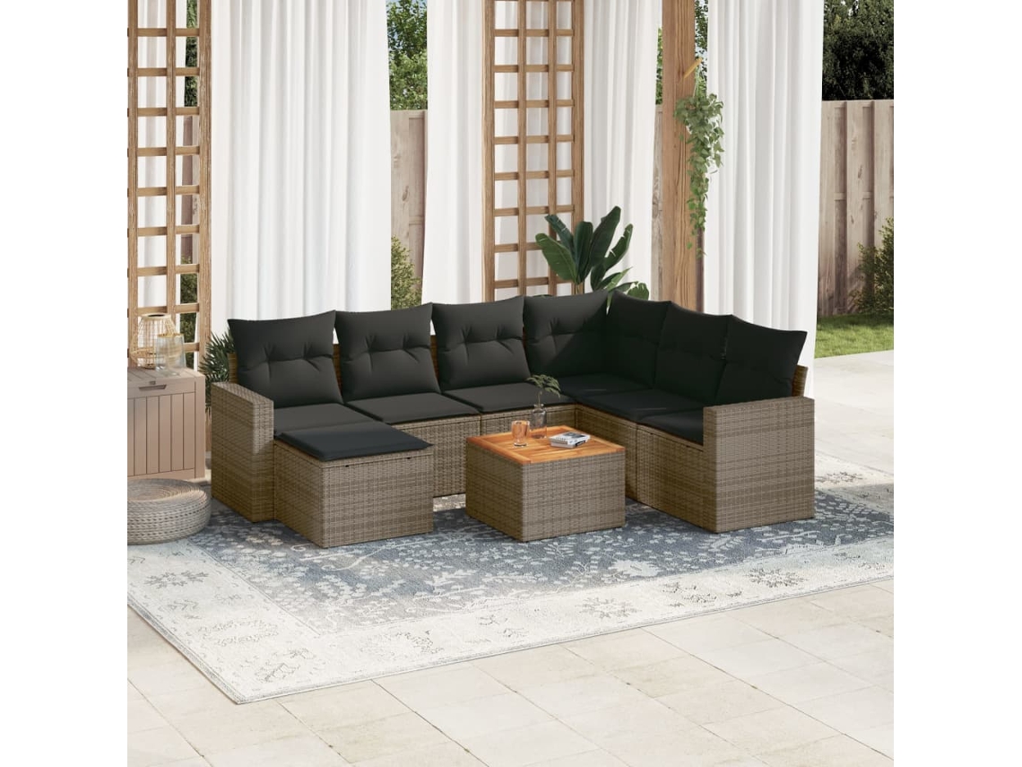 Vidaxl 8 Pcs Conjunto Sofás De Jardim C/ Almofadões Vime Pe Cinzento