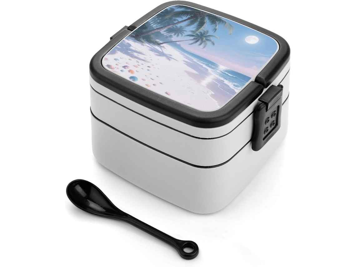 Marmita Bento Moonlight Coconut Beach De Camada Dupla Para Adultos Com Colher E Alça, À Prova De Vazamentos, Marmita