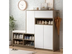 Banco Sapateira E Armário Multifuncional Com Assento Acolchoado, Solução Versátil Com Prateleiras Ajustáveis Para Hall, Branco, 140x35x110 Cm.