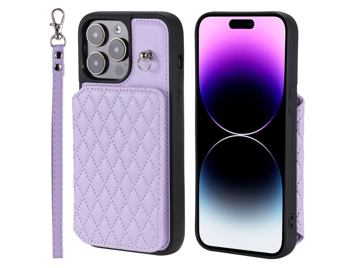 Suporte Casa Bloqueio Rfid Para Iphone 15 Pro Pele Sintética Roxo