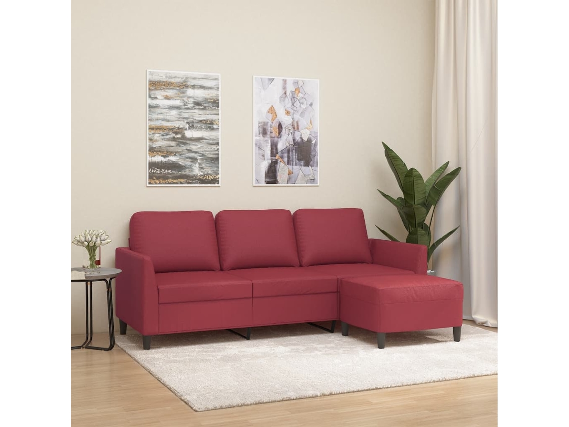 Vidaxl Sofá 3 Lugares C/ Apoio Pés 180 Cm Couro Artif. Vermelho Tinto
