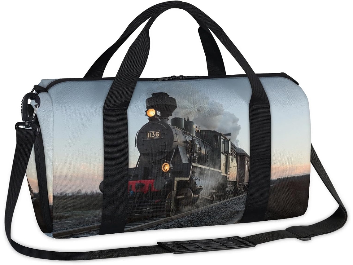 Bolsa MARCA com tema de trem a vapor 45x21x23cm tecido poliéster