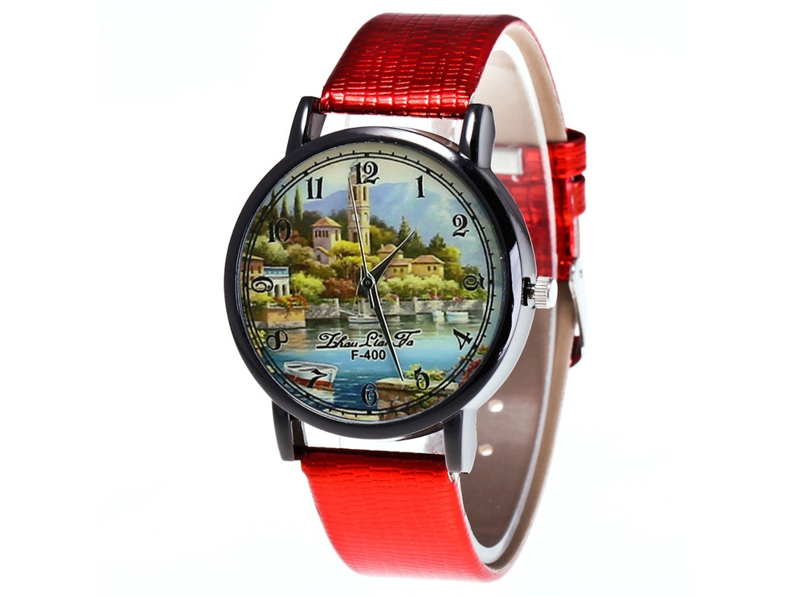 Relógio de quartzo com pulseira de couro PU, estilo rústico, para casais casuais, Zhoulianfa (vermelho)