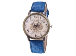 Relógio de pulso unissex Zhoulianfa azul royal com pulseira de jeans, mecanismo de quartzo, letras retrô e pulseira de tecido jeans.
