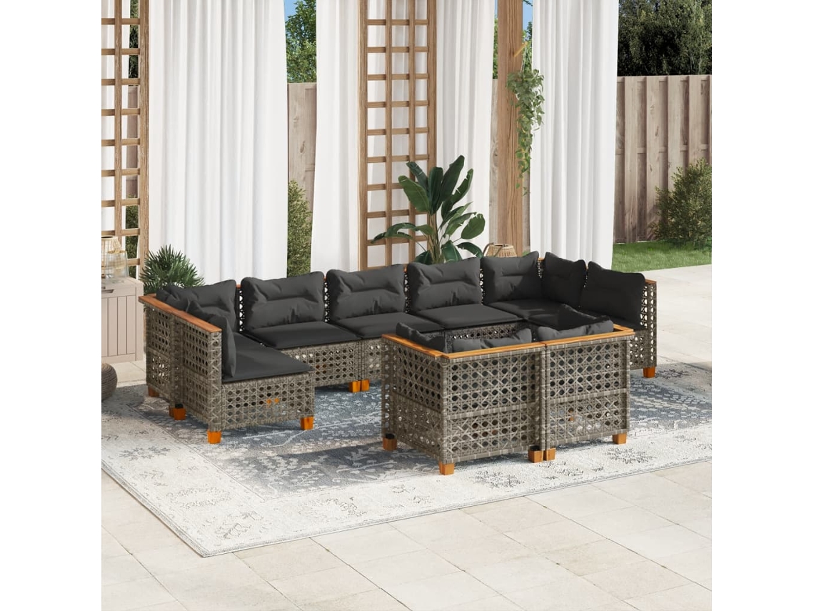 Vidaxl 9 Pcs Conjunto Sofás P/ Jardim Com Almofadões Vime Pe Cinzento