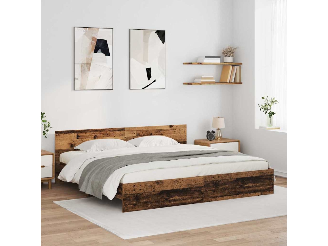 Vidaxl Estrutura Da Cama Com Fitas Led Madeira Antiga 200 X 200 Cm