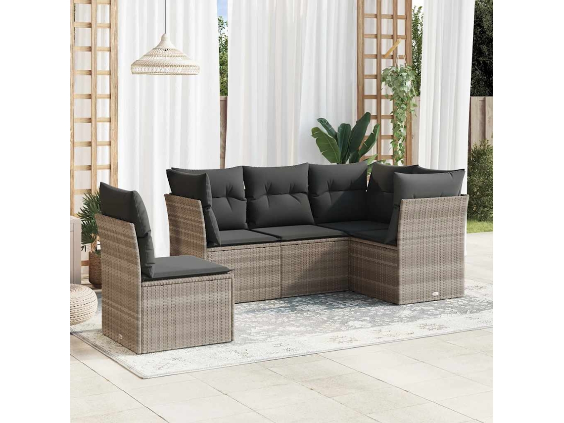 Vidaxl 5 Pcs Conj. Sofás Jardim C/ Almofadões Vime Pe Cinzento-claro
