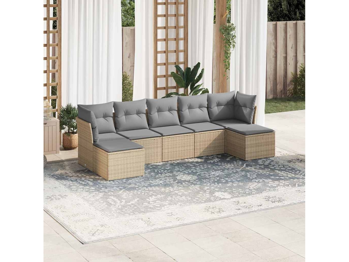 Vidaxl 7 Pcs Conj. Sofás Jardim Com Almofadões Vime Pe Cinzento-claro