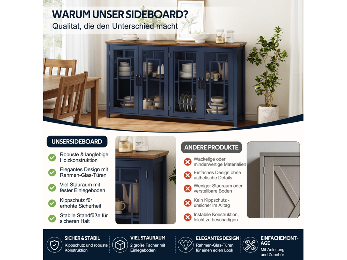 Buffet De Cozinha Largura 160cm Portas Envidraçadas, Grande Compartimento, Base Imitação Madeira E Dispositivo Anti-tombamento Multifunções