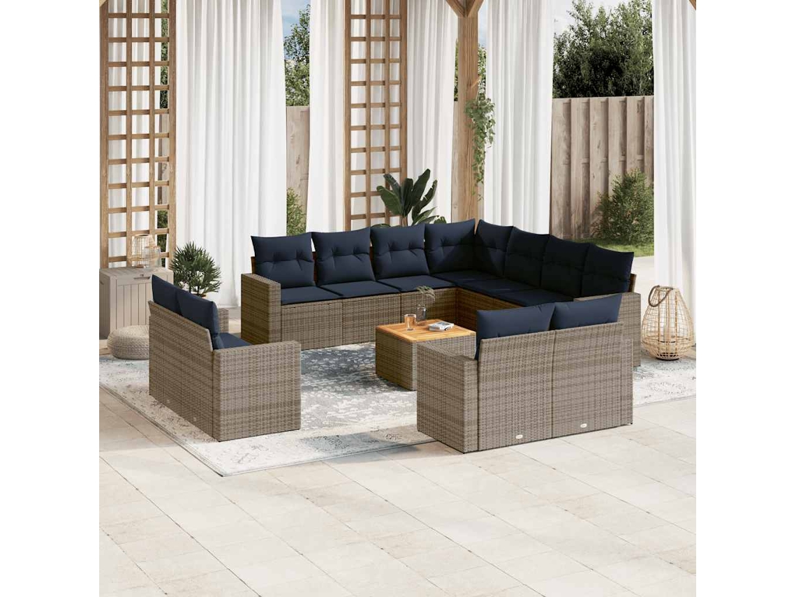 Vidaxl 12 Pcs Conjunto Sofás P/ Jardim C/ Almofadões Vime Pe Cinzento