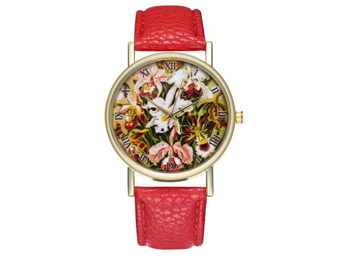 Relógio de pulso masculino elegante com pulseira de PU, mostrador analógico redondo de quartzo, vermelho