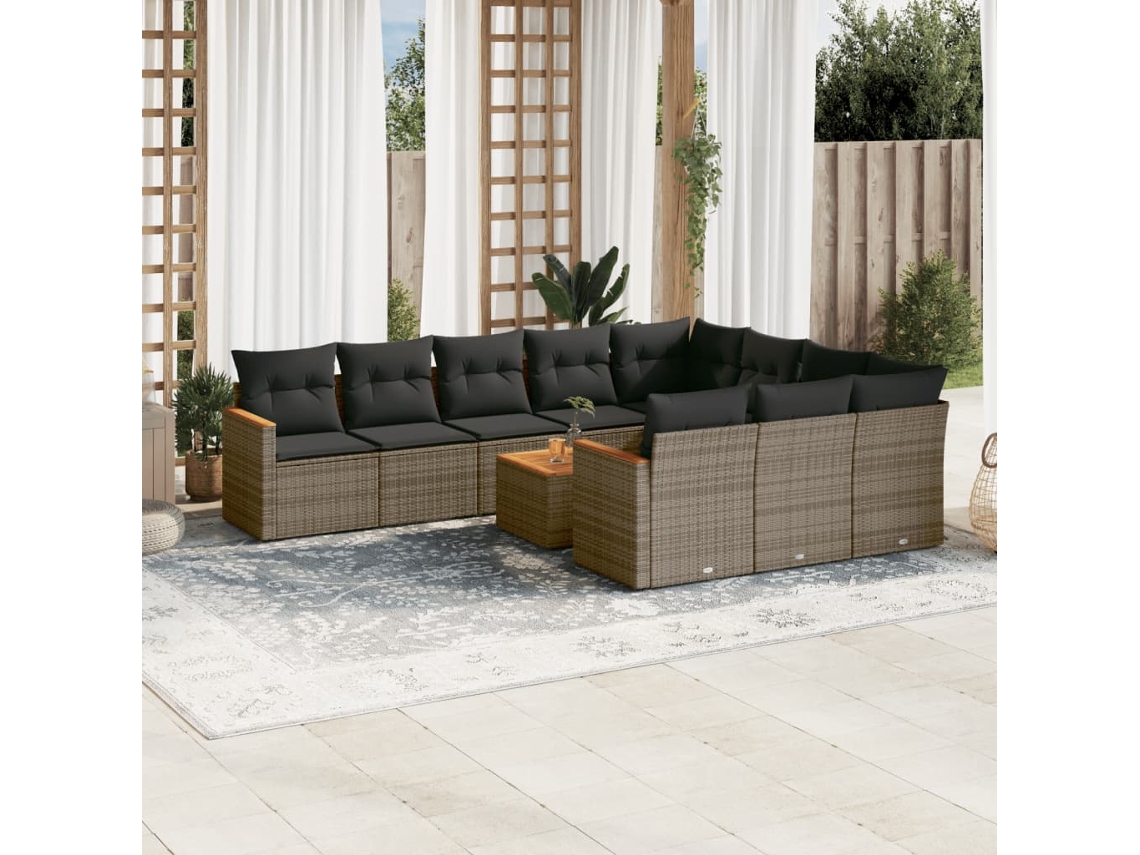 Jogo de Sofá Jardim 11 Peças C/ Almofadões Vime Pe Cinza Dkd Home Decor
