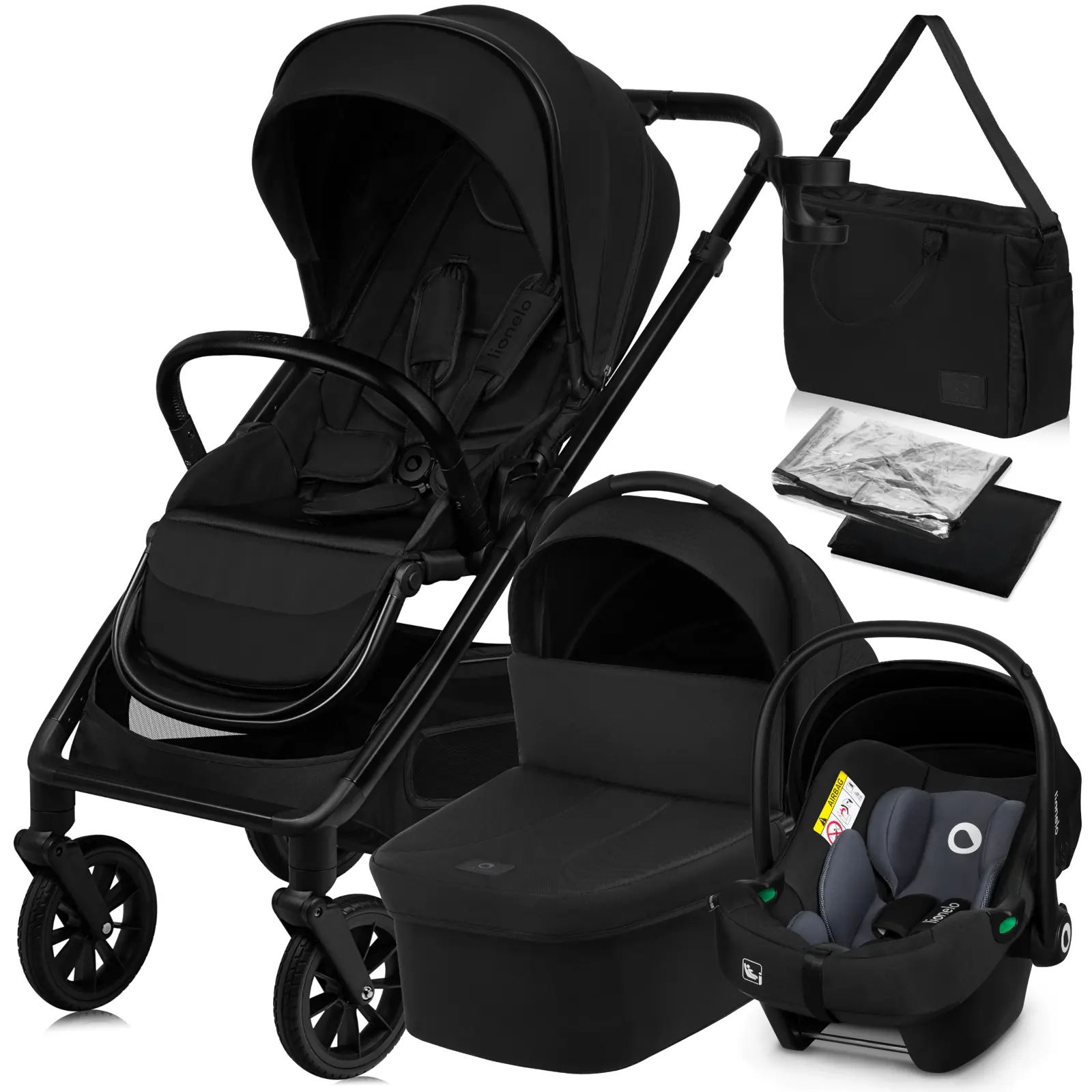 Carrinho De Bebê Lionelo Layla Trio - Até 22kg - Carrinho, Alcofa, Cadeirinha Para Auto E Acessórios – Rodas Grandes – Para Qualquer Terreno - Preto