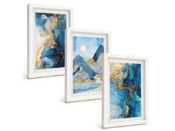 Quadros Decorativos Para Parede Montanhas Azuis, Padrões Abstratos Moldura Branca Quadros Para O Escritório Espelharte (3 Peças 20x30 Cm)