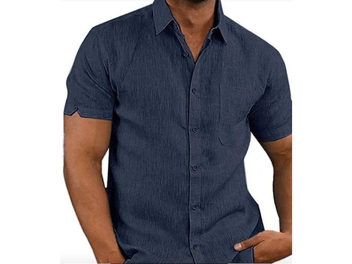 Camisa Casual Masculina De Algodão E Linho Com Listras Manga Curta Para Verão/primavera Estilo Diário Azul Escuro