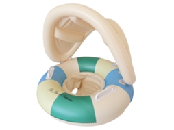 Boia Infantil Inflável Com Toldo Anti-uv Listrado Verde Azul Creme, Assento De Tecido E Alças Para Bebês Em Piscina