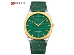Relógio de Pulso Masculino Casual com Pulseira de Couro, Fino, de Quartzo, para Uso Profissional e Casual. MDUG (aro Dourado, Mostrador Verde)