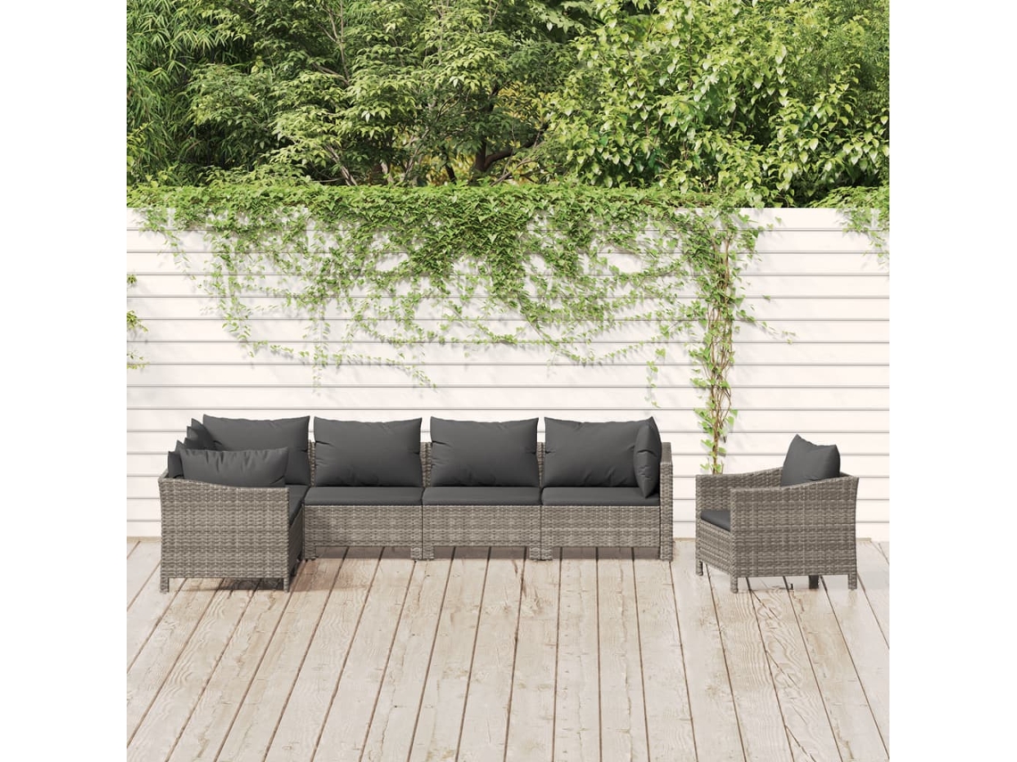 Vidaxl 7 Pcs Conjunto Lounge De Jardim C/ Almofadões Vime Pe Cinzento