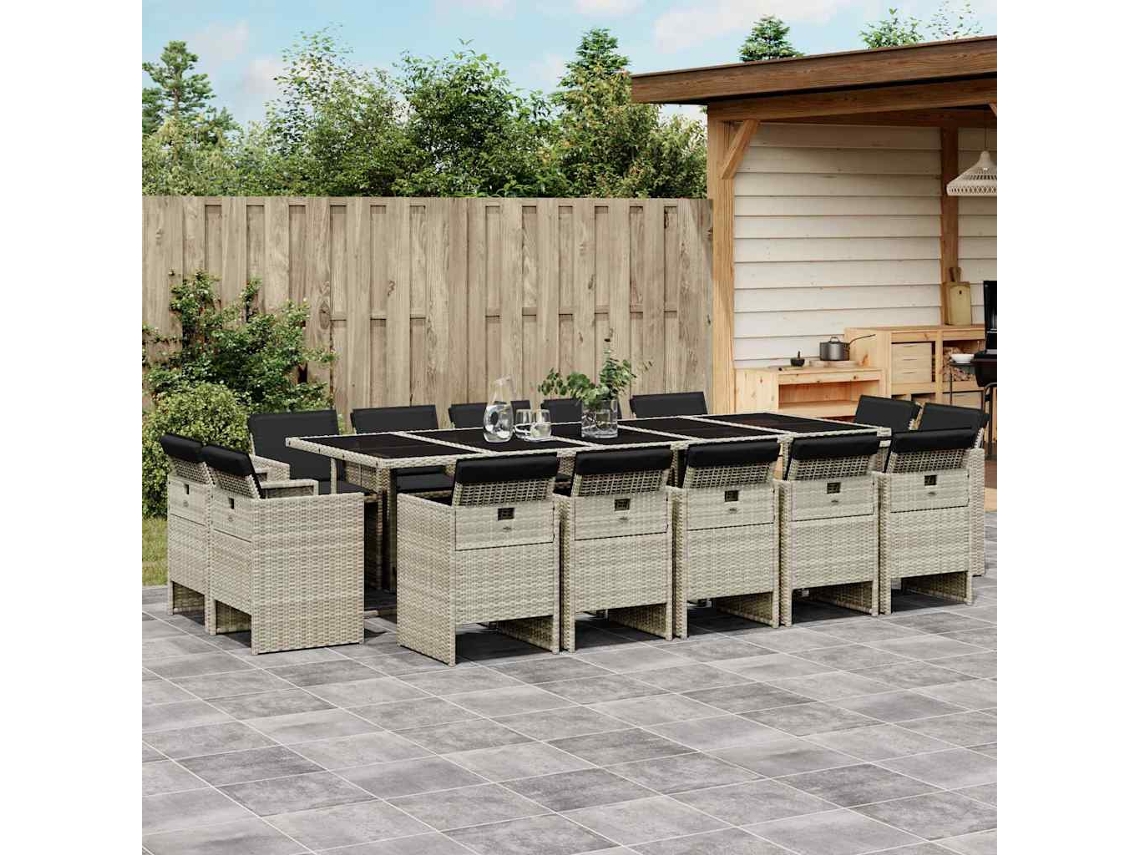 Vidaxl 17 Pcs Conj. Jantar Jardim C/ Almofadões Vime Pe Cinzento-claro