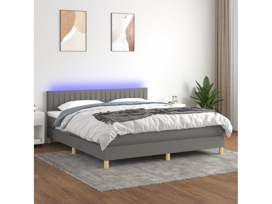 Vidaxl Cama Box Spring C/ Colchão E Led 180x200 Cm Tecido Cinza-escuro