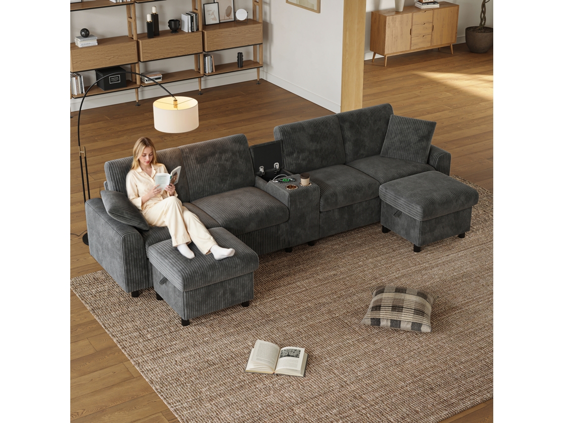 Sofá Forma U 315x81x135 Cm - 2 Pufes Arrumação, Mesa, 2 Porta-copos - Cinza