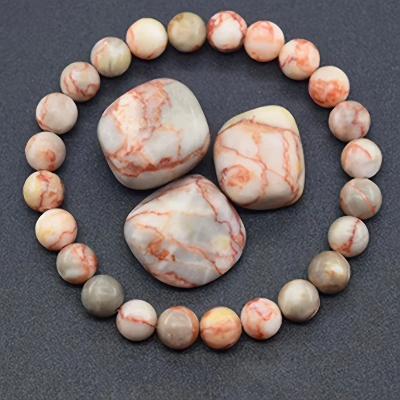 Pulseira de Contas de Pedra Natural , Amuleto de Cura Yoga Reiki, Pulseira da Sorte MDUG (picasso Vermelho 17cm)