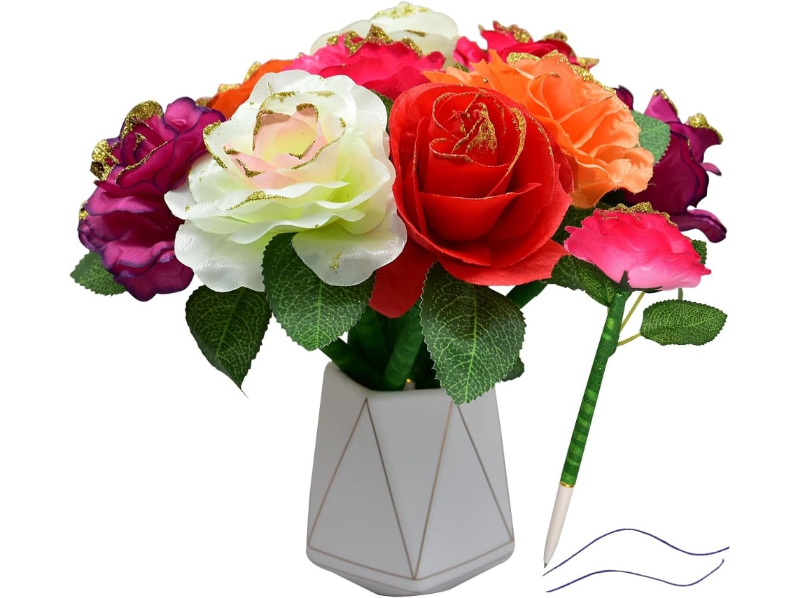 Conjunto De 12 Canetas Em Formato Flor Com Rosas Artificiais, Caneta