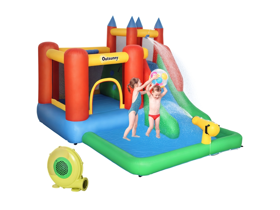 Castelo Insuflável 3 em 1 com Pistola de Água, Bomba e Bolsa, 330x245x215cm (escorrega, Trampolim, Piscina)